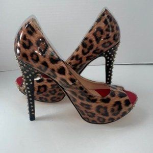 NEW Ladies Leopard Print Patent Spiked Peep Toe Stiletto Shoes Heels Size 13